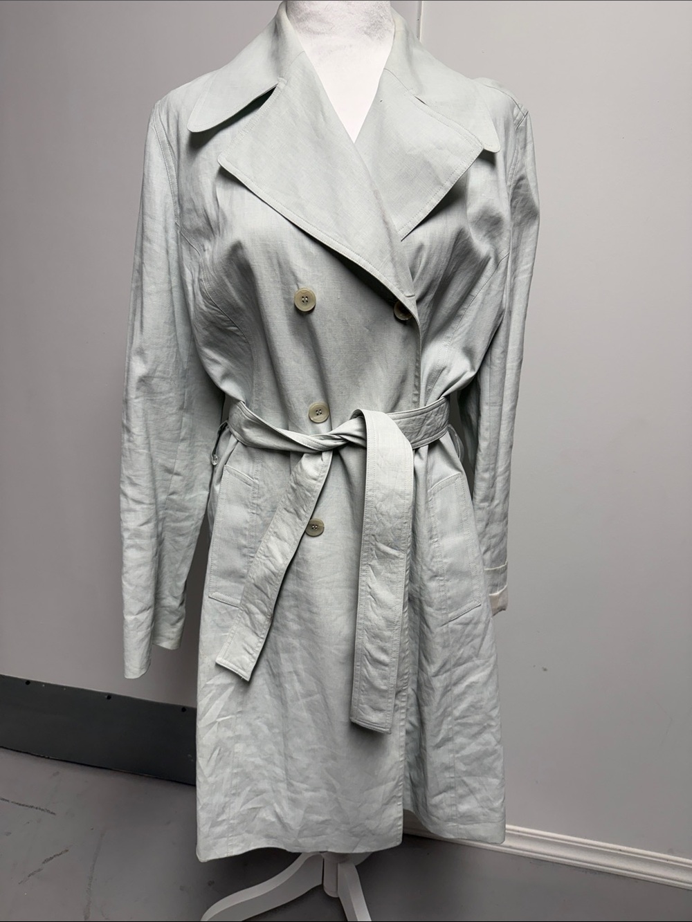 Light Gray Double-Breasted Trench Coat with Waist Tie